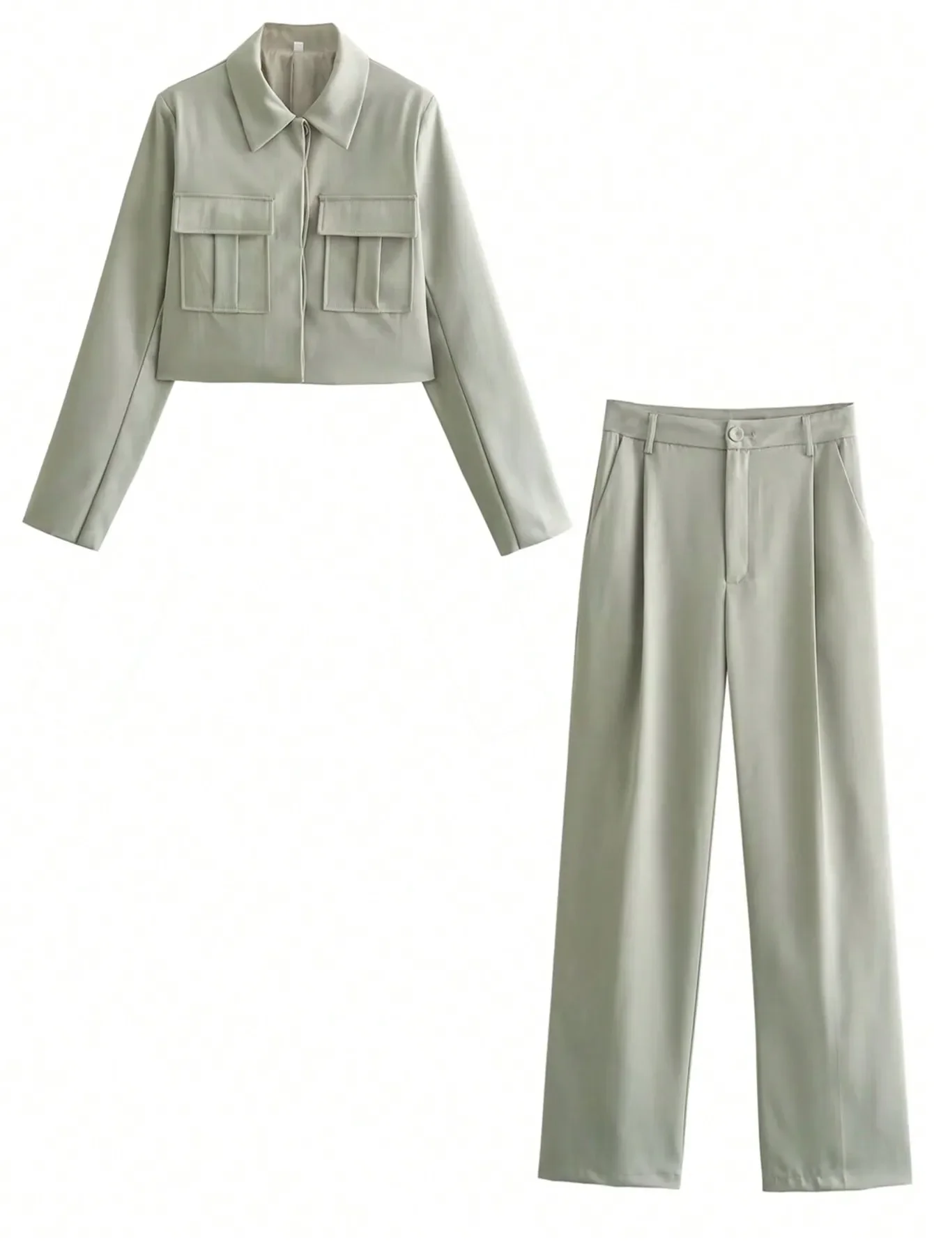 HH Elegantes Damen-Set: Einreihige Cropped-Jacke und Weite Hose mit Knopfleiste, Casual Büro-Arbeitskleidung, Wochenend- und Party-Outfit, 2-teilig – Detail 3