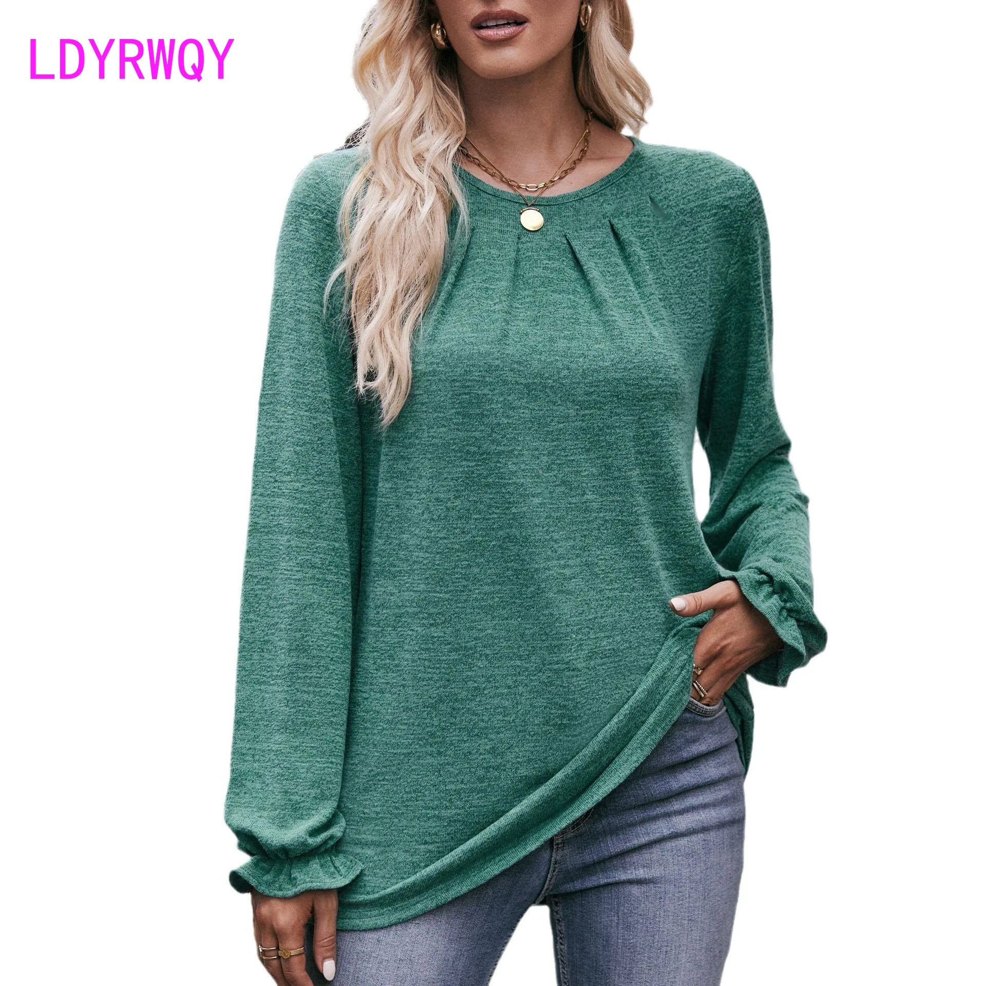 

2023 Autumn New Women's Amazon Casual Round Neck Pleated Brushed T-shirt Long Sleeve Top