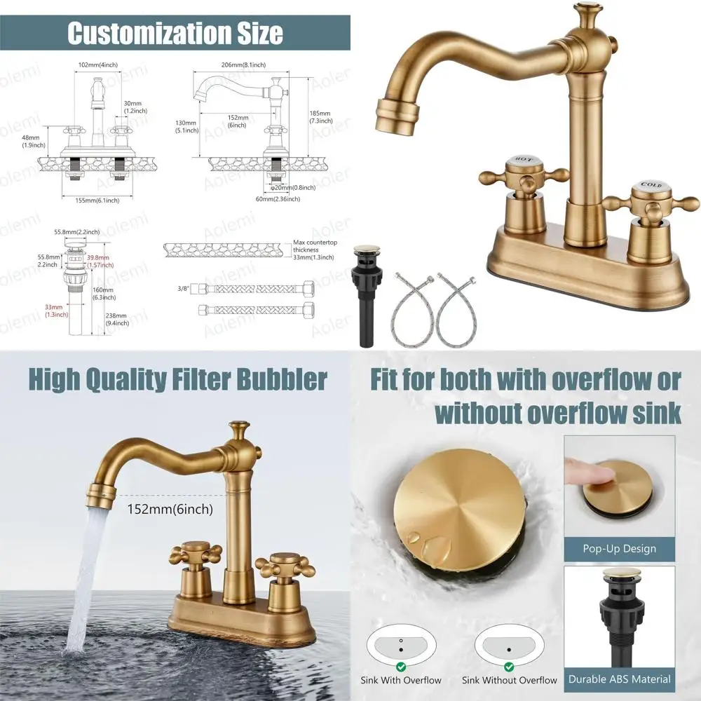 

Vintage 4 Inch Centerset Sink Faucet with 2 Cross Handles, Mixer Tap for Basin, Vanity, and Utility, Including Water Hose and Po