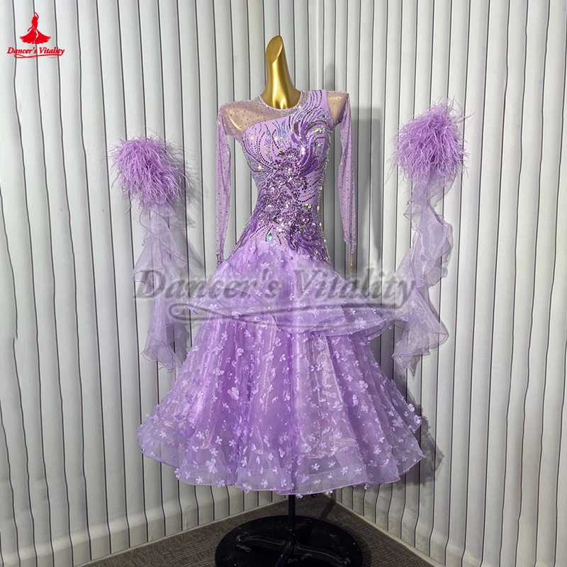 볼룸 댄스 AB 스톤 긴 소매 수 놓은 꽃 하단 드레스 여성 성인 Quickstep Waltz Foxtrot 의류 맞춤