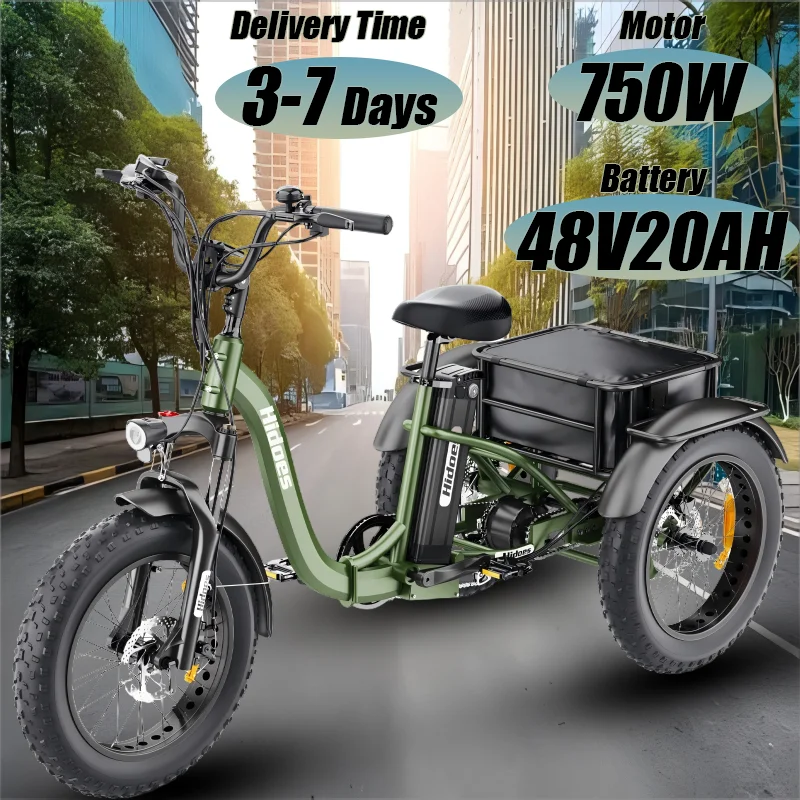 Folding Electric Trike 750W Mid-mounted Motor 48V20AH Lithium Battery Reverse Electric Tricycle Adult 20*4 Inch Fat Tire E-bike