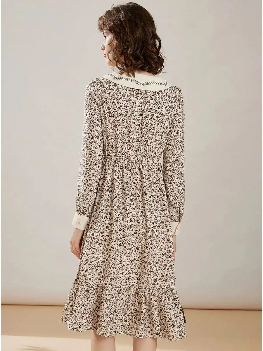 LOUIS YAO Patchwork Embroidered Turn-down Lapel Floral Dress 2023 Autumn Vintage High Waist Long Sleeves Women's Long Dress