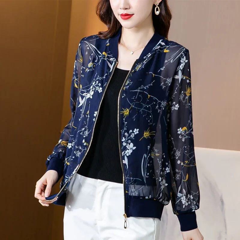 2024 Summer Light and Thin Chiffon Print Jacket Women Thin Coat Sun Protection Baseball Uniform Versatile Fashion Cardigan