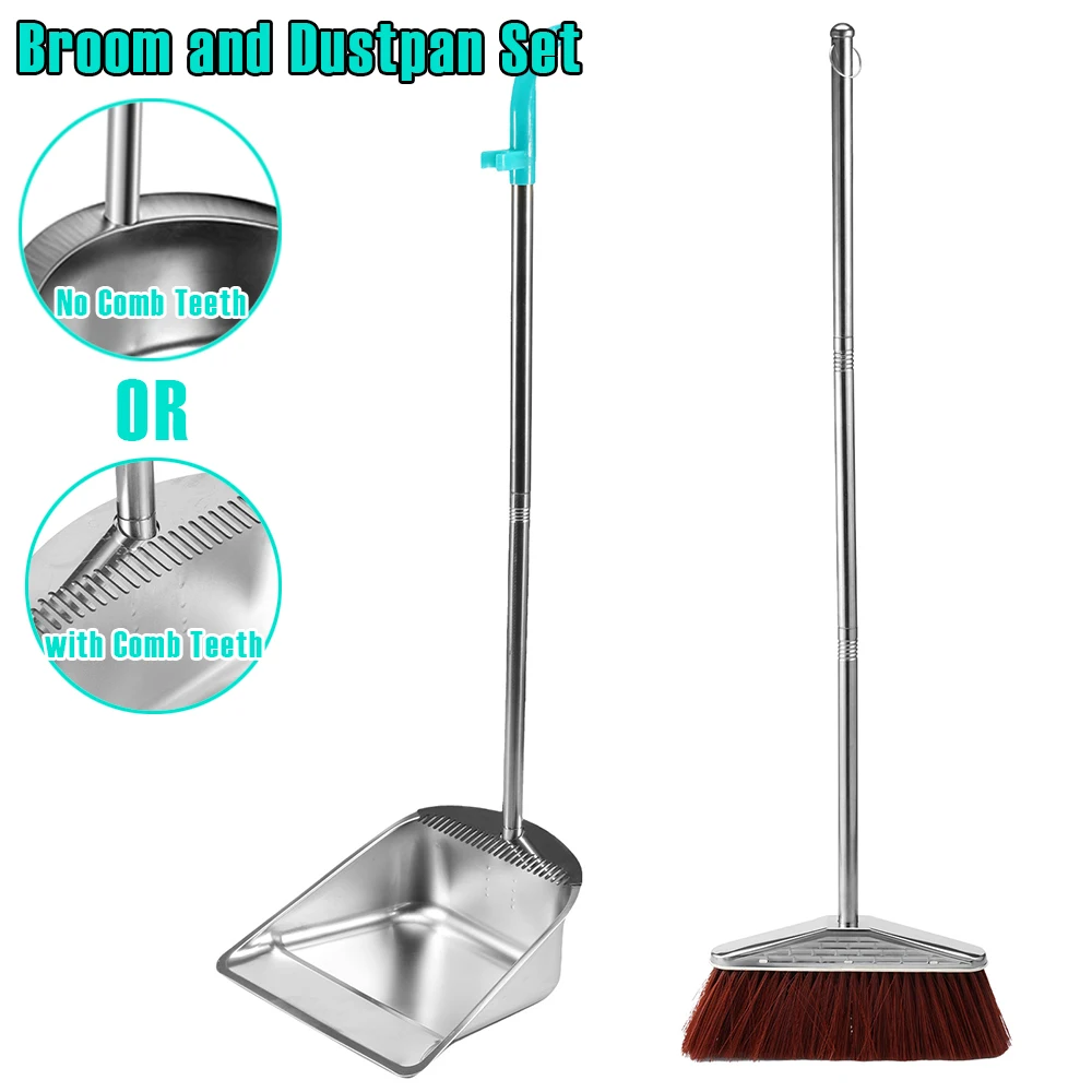 Stainless Steel Broom Dustpan Set Heavy Duty Dust Pan with Comb Teeth Long Handle Rust-proof Clean Tools for Home Indoor Outdoor