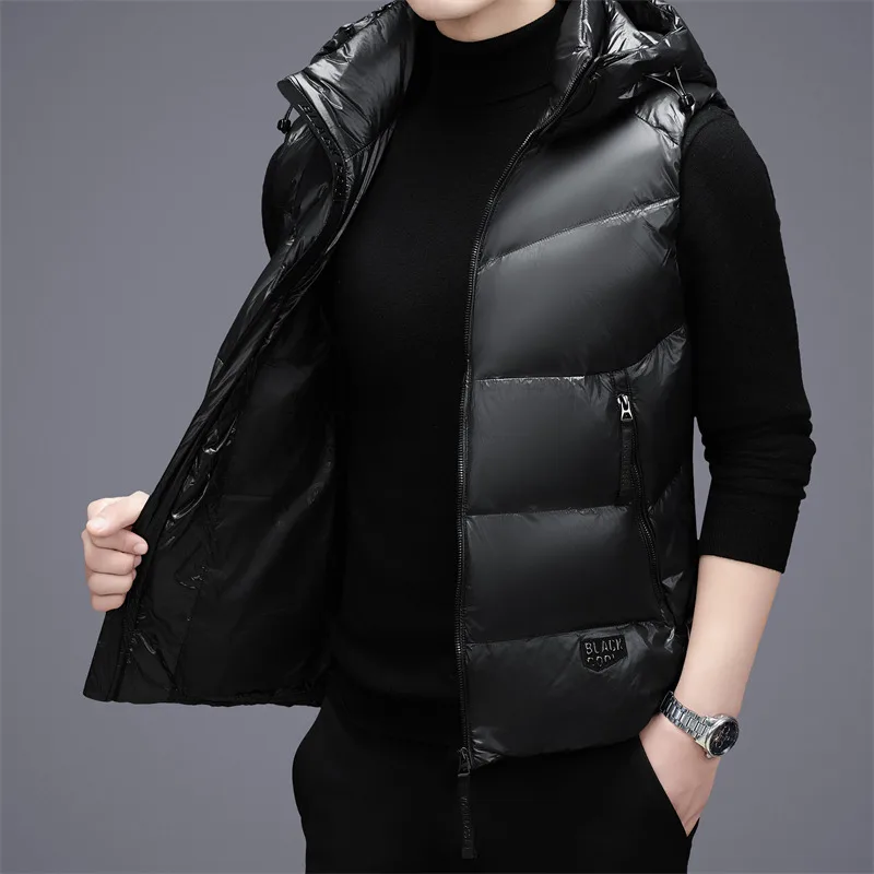 New Autumn Winter Men 90% White Duck Down Vest Hooded Sleeveless Jacket Shiny Black Warm Puffer Waistcoat Casual Outerwear Gilet view 3