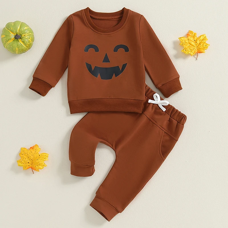 BeQeuewll Cute Pumpkin Print Baby Boy Clothes for Kids Halloween Outfit Long Sleeve Sweatshirt Pants Infant Suit for Fall Winter