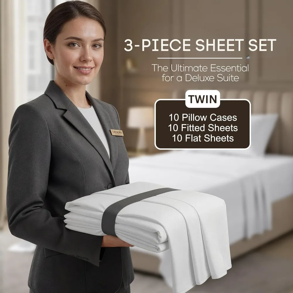 10 Pack Twin Size 3 Piece Bed Sheet Set White for Hotel Motel Resort
