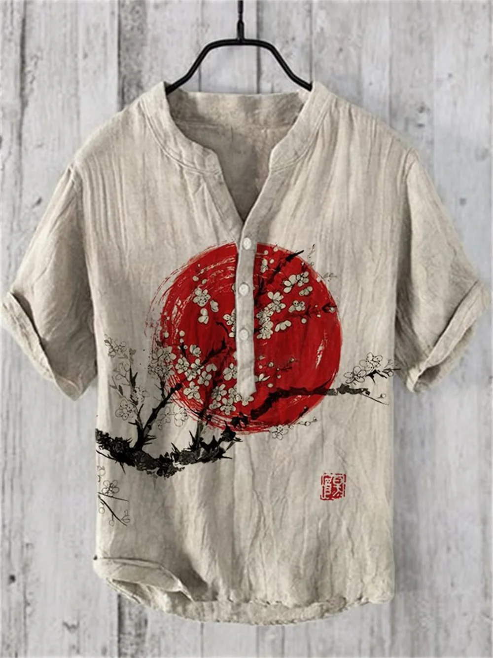 

2024 New Men's Shirt Japanese Vintage Art Print Linen Short sleeved Shirt Hawaiian Style Button Henry Neck Shirt