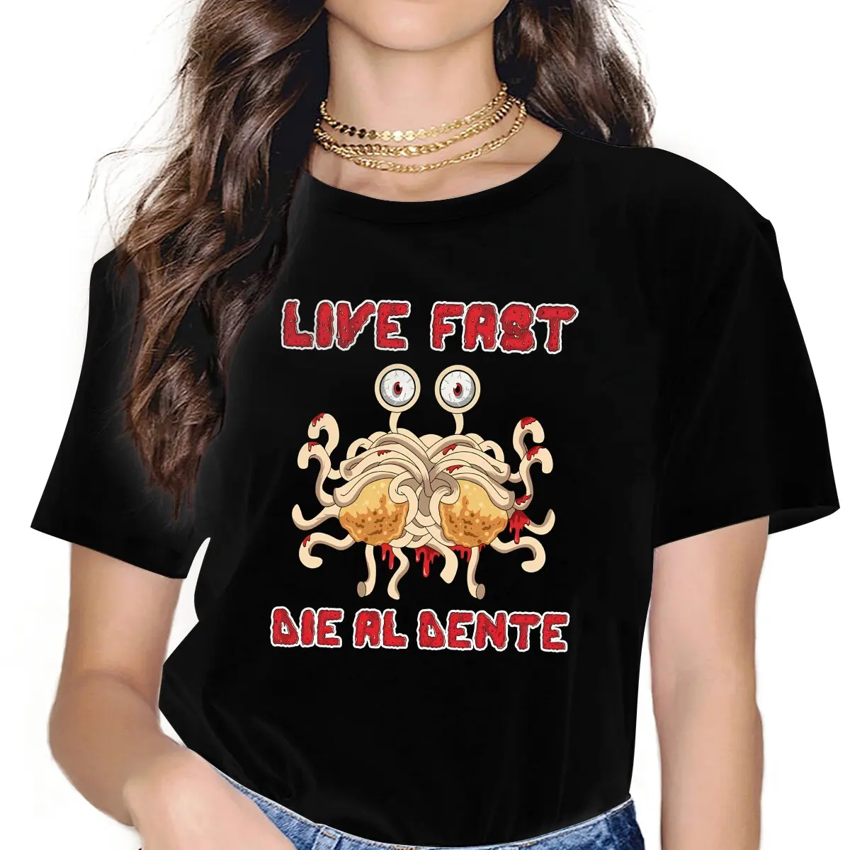 Flying Spaghetti Monsterism Live Fast Die Al Dente Atheist T Shirt Vintage Gothic Women's Polyester Tshirt O-Neck