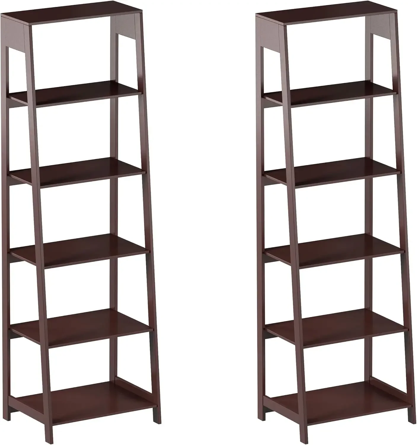 

5-Tier Ladder Shelf Pair - Set of 2 Leaning Storage Shelves or Bookcases for Living Room,Bathroom, or Office Decor (Dark Brown)