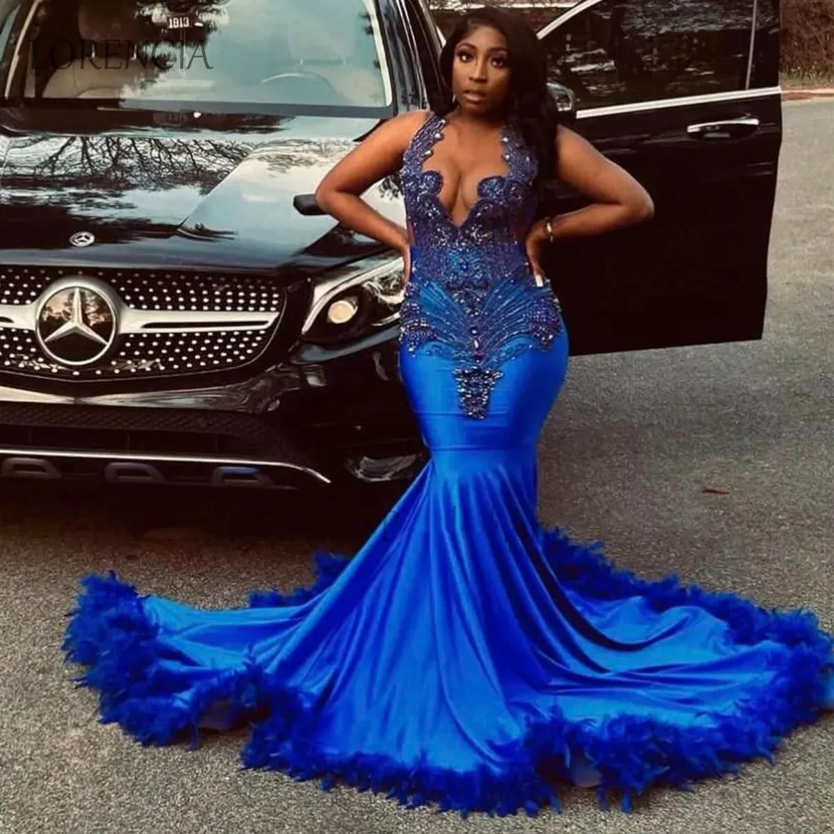 

Sparkly Mermaid Prom Dresses 2024 Luxury Crystal Beaded Sheer Neck Fashionable Long Eveing Gowns for Black Girls with Feathers