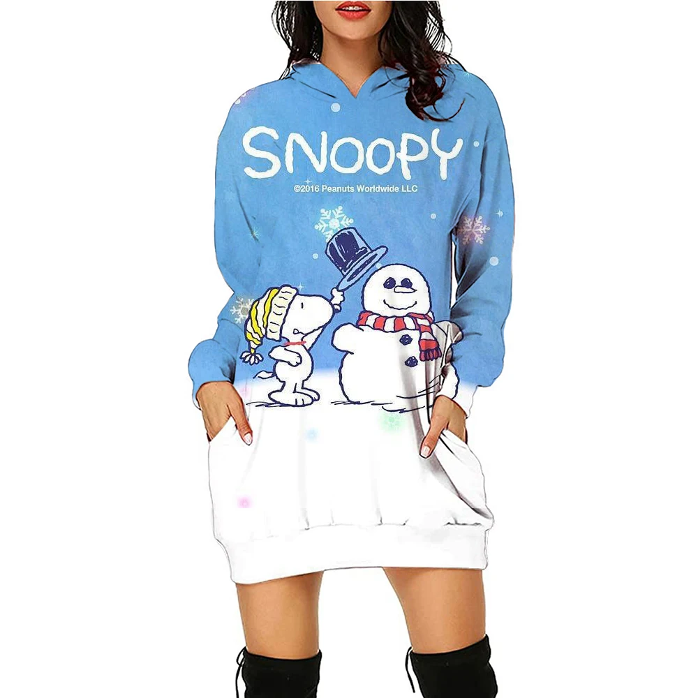 Autumn and Winter Women\'s Hoodie Dress Snoopy Printed Fashion Long Sleeve Hoodie Dress Casual Hoodie Women\'s Pullover Dress