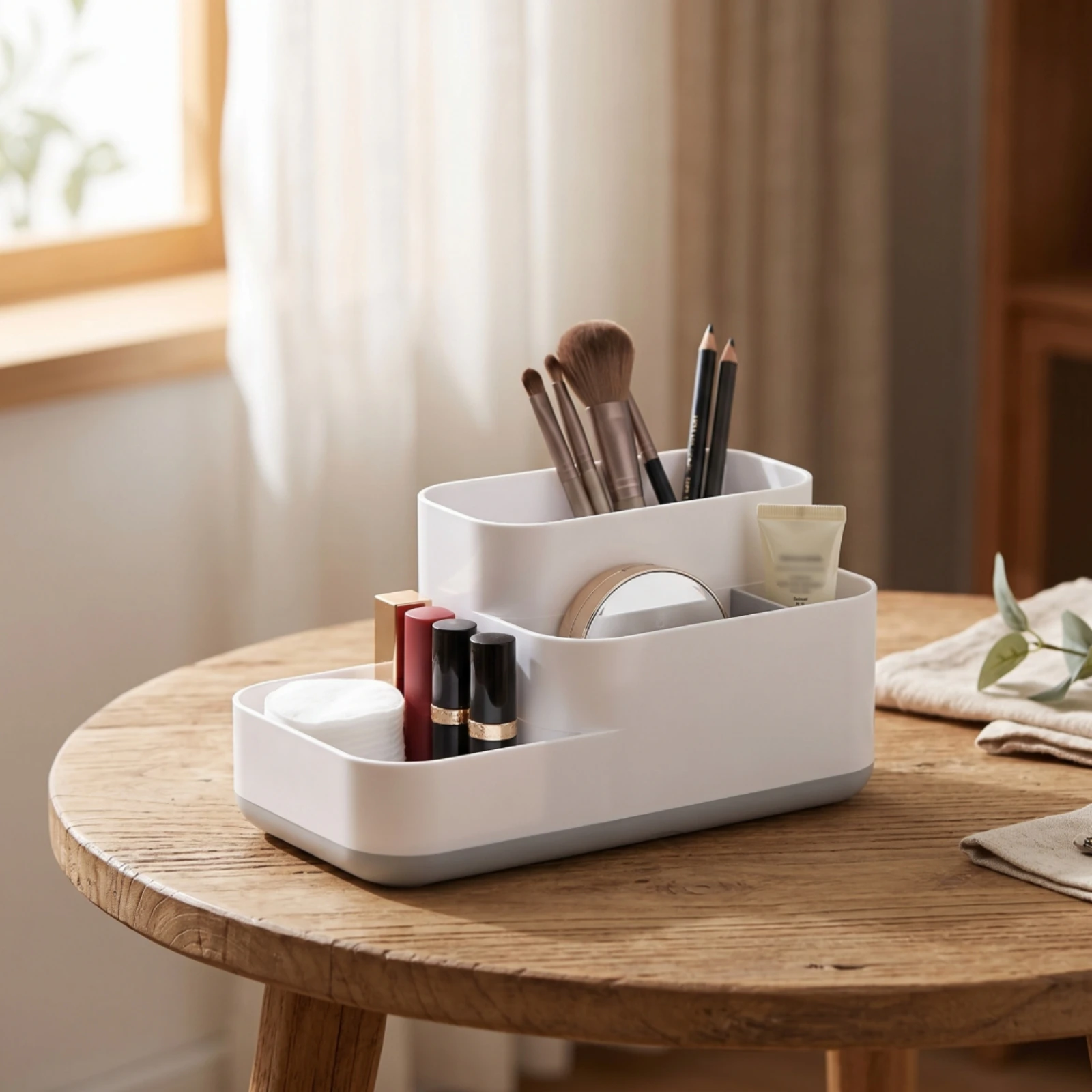 Desktop Storage Box Multi-Section Cosmetic Storage Box Stationery Organizer Layered Makeup Organizer Detachable for Students