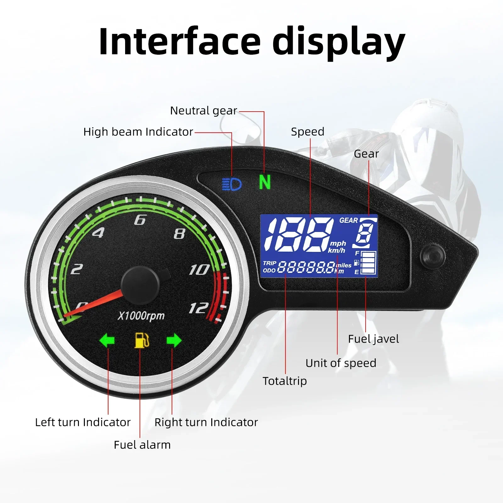 Motorcycle Speedometer Tachometer LCD Digital Instrument Odometer Moto Dashboard For 12V Motorcycle Universal Speedometer