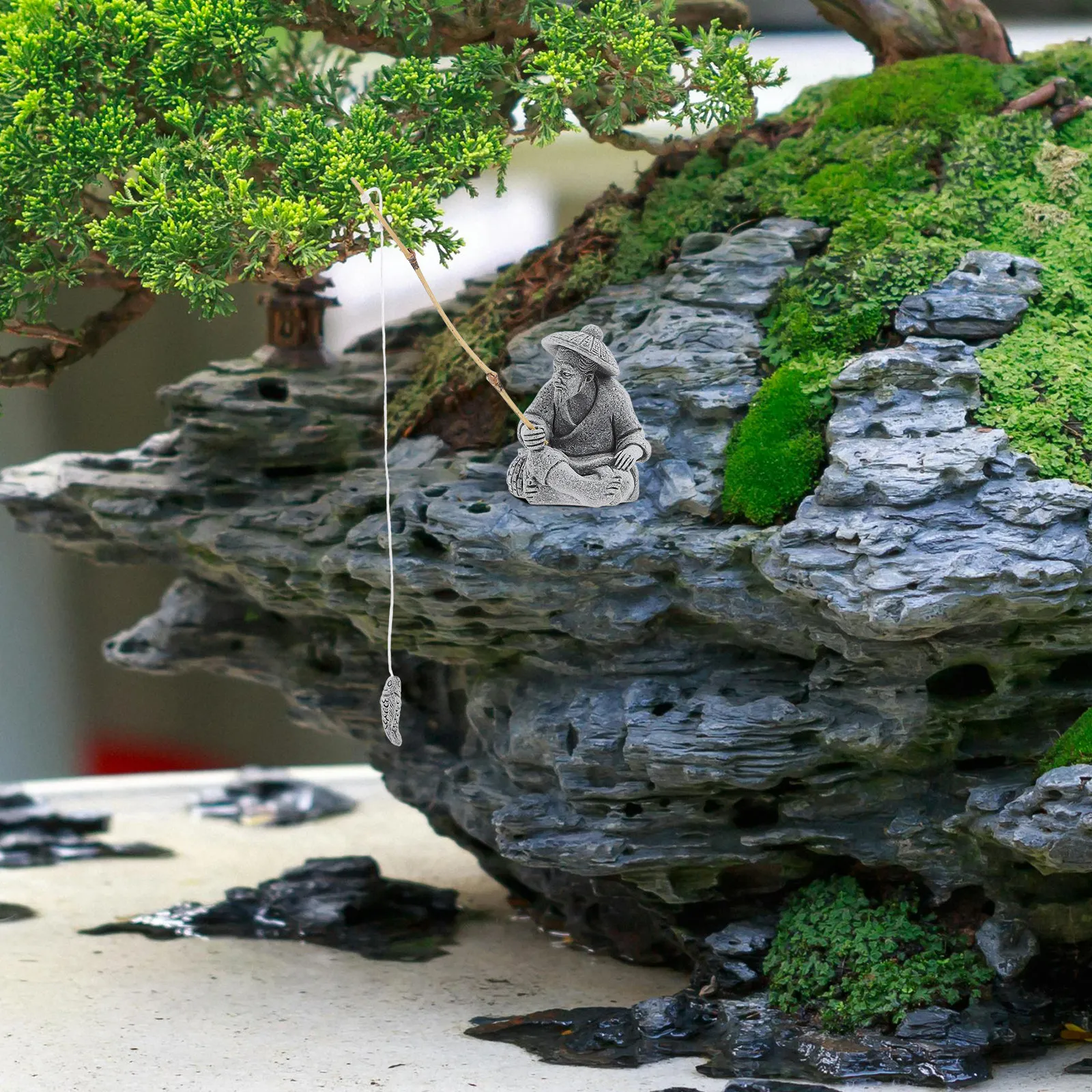 Mini Fisherman Statue Sandstone Sitting Fishing Sculpture Garden Bonsai Aquarium Decoration Fisherman Figurine Sandstone