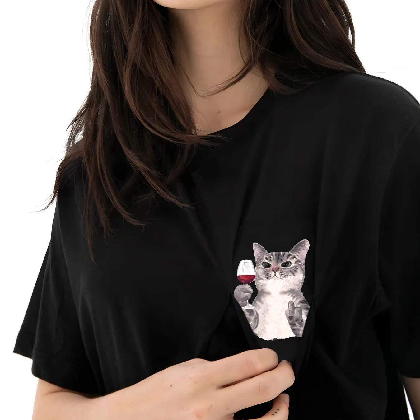 CLOOCL Cotton T-Shirt Red Wine Cat Middle Finger Pattern Printed T-shirt Men\'s for Women Shirts Casual Pocket Tops Cotton Tees