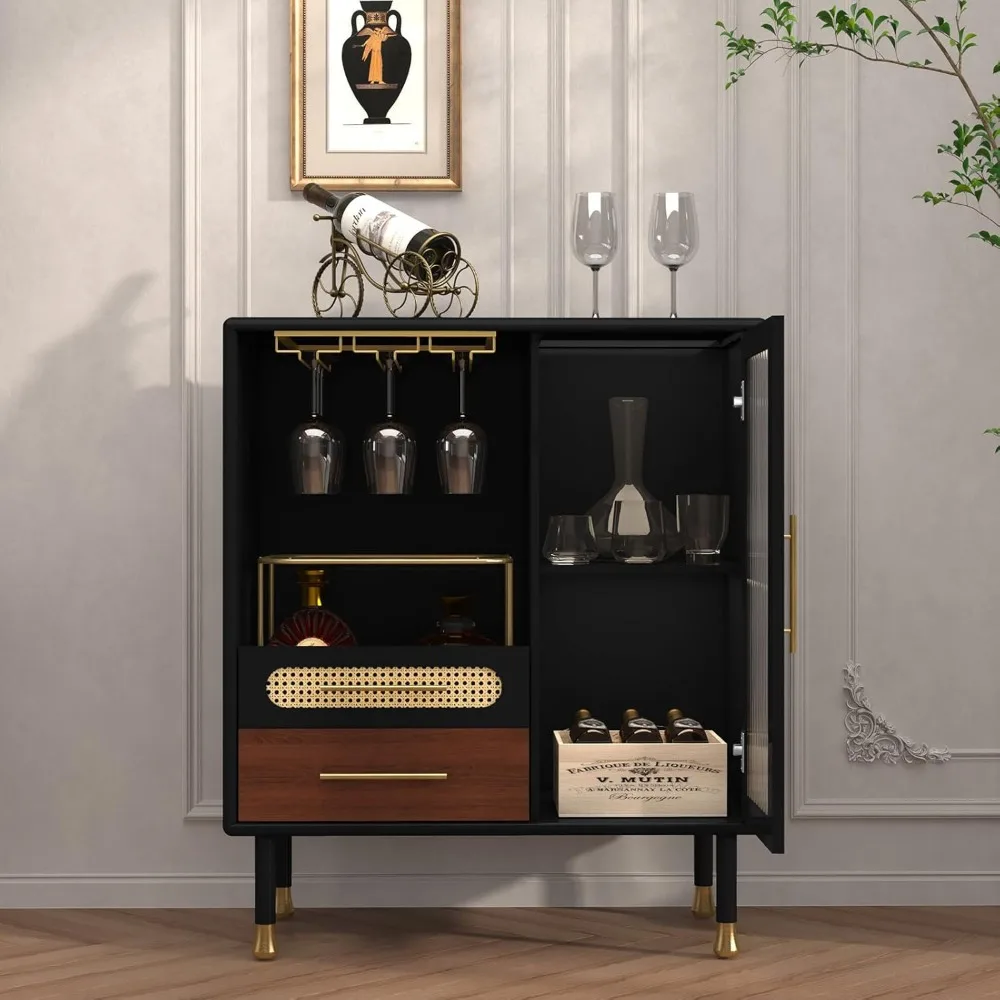Contemporary Black Bar Cabinet with Pull-Out Wine Rack and Storage Drawers for Kitchen