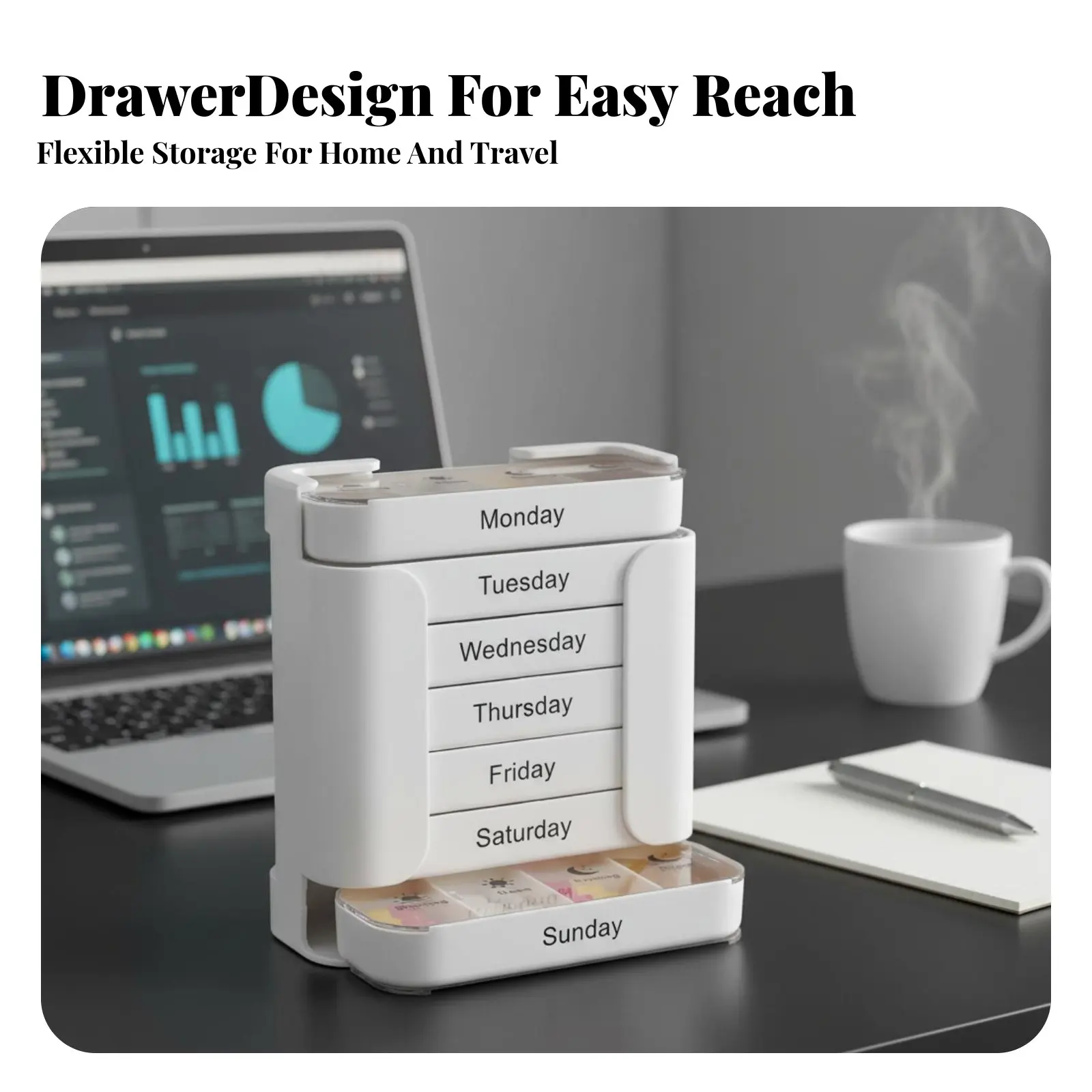 

Food Grade Organizer, Drawer with 28 Compartments, Weekly Medicine Storage, Portable for Home & Travel