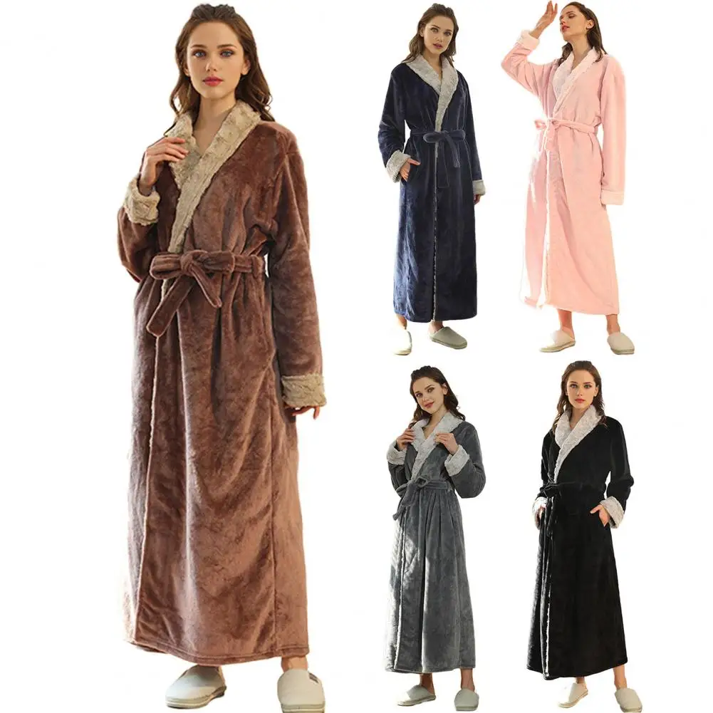 

Cozy Lounge Robe Soft Plush Fleece Robe for Women Cozy Fuzzy Bathrobe Thick Warm Floor Length Flannel Spa Robe with Belt