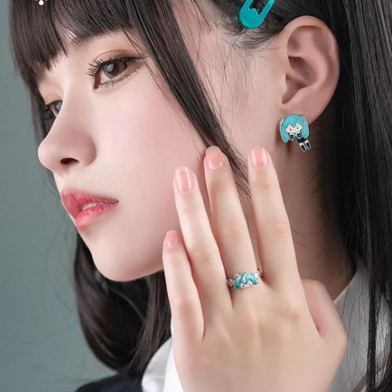 Hatsune Miku Rings Earring Fashion Women Jewelry Accessories Decoration Cartoon Girls Earrings Adjustable Ring Birthday Gifts