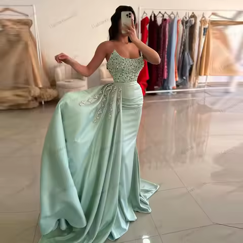 Glamorous Evening Dresses Satin Prom Dress Beading Appliques Sleeveless Backless Robes Elegant Vestidos De Gala Customized 2026