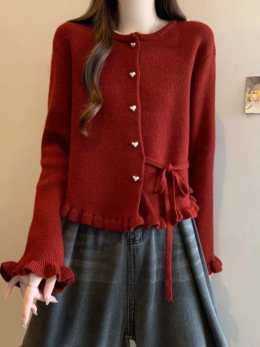 Wine Red Bell Sleeve Knitted Sweater Women's Early Spring New Large Size Fashionable Ear Look  Top Shoulder Correct view 3