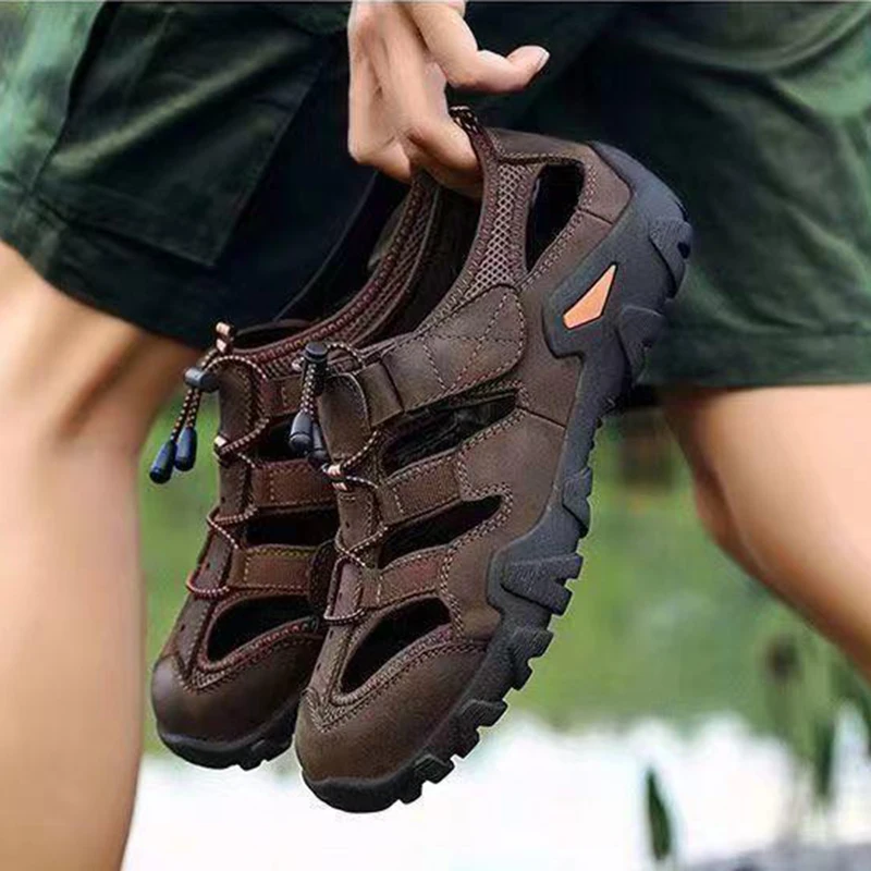 Summer New Men Sandals Anti Skid Breathable Genuine Leather Outdoor Sandals Trekking Casual Beach Shoe Male Loafers Size 38-48