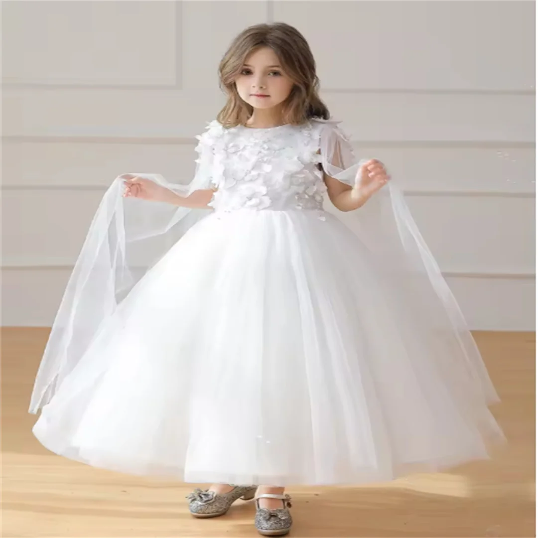

Customized Long White Dress for Girls Draped Design Wedding Flower Child Dress Suitable for Birthday Parties Girl Costume