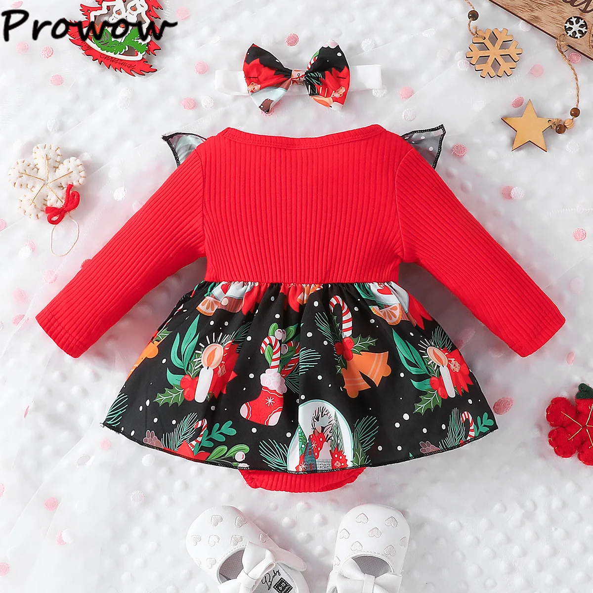 Prowow Baby Girl Christmas Romper Red Xmas Printed Bodysuit Dress For Girls My First New Year Baby Costume 2025 Infants Bodysuit