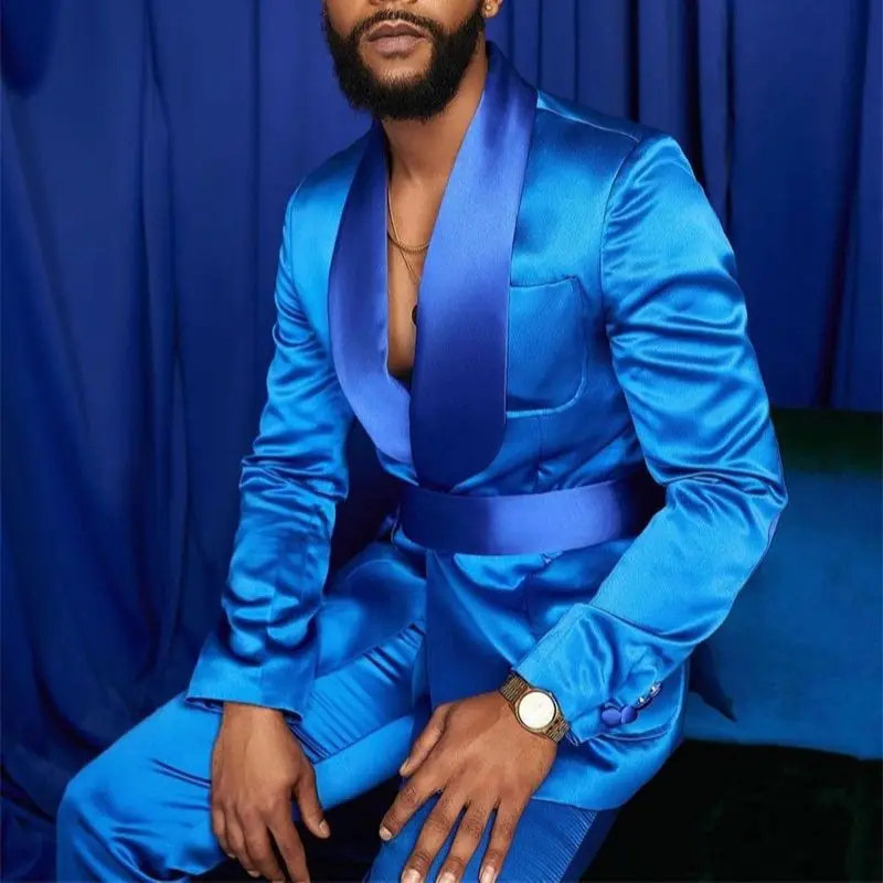 Costumes argentés en satin pour hommes, ensemble de blazer sur mesure, coupe couvertes, bleu royal, smoking brillant, marié italien, Rhde mariage,