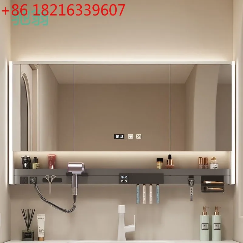 Multifunctional smart bathroom mirror cabinet with hair dryer, toothbrush, disinfection rack, laminate, ambient light, bathroom