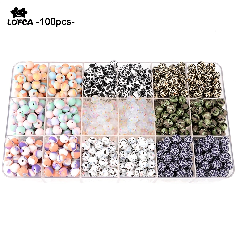 LOFCA 100pcs Tie dye leopard Terrazzo Dalmatian camo Silicone Loose Beads BPA Free DIY Necklace  keychain jewelry accessories