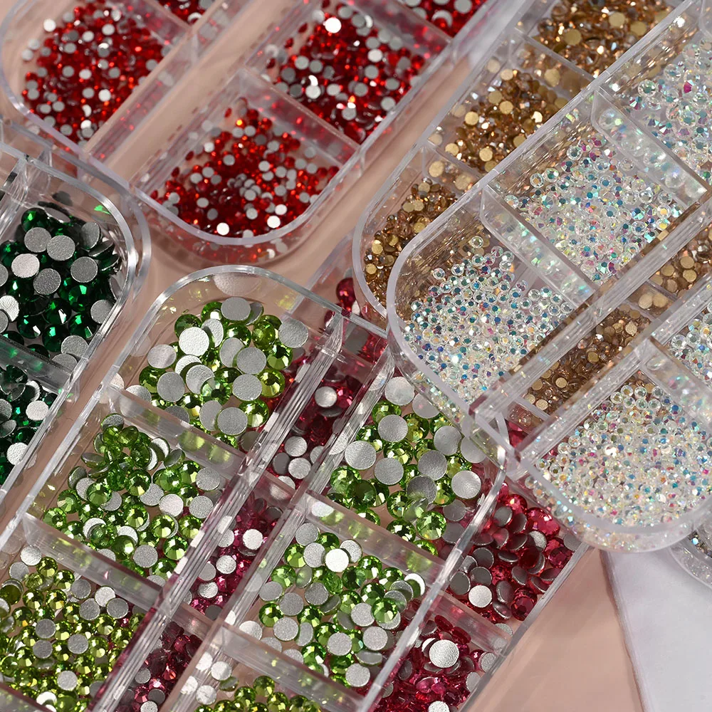 12Grids 3D Colorful Mixed Shape Flatback Nail Rhinestones Luxury Pink/Lake Blue/Green/Clear/AB Nail Crystal DIY Manicure Diamond