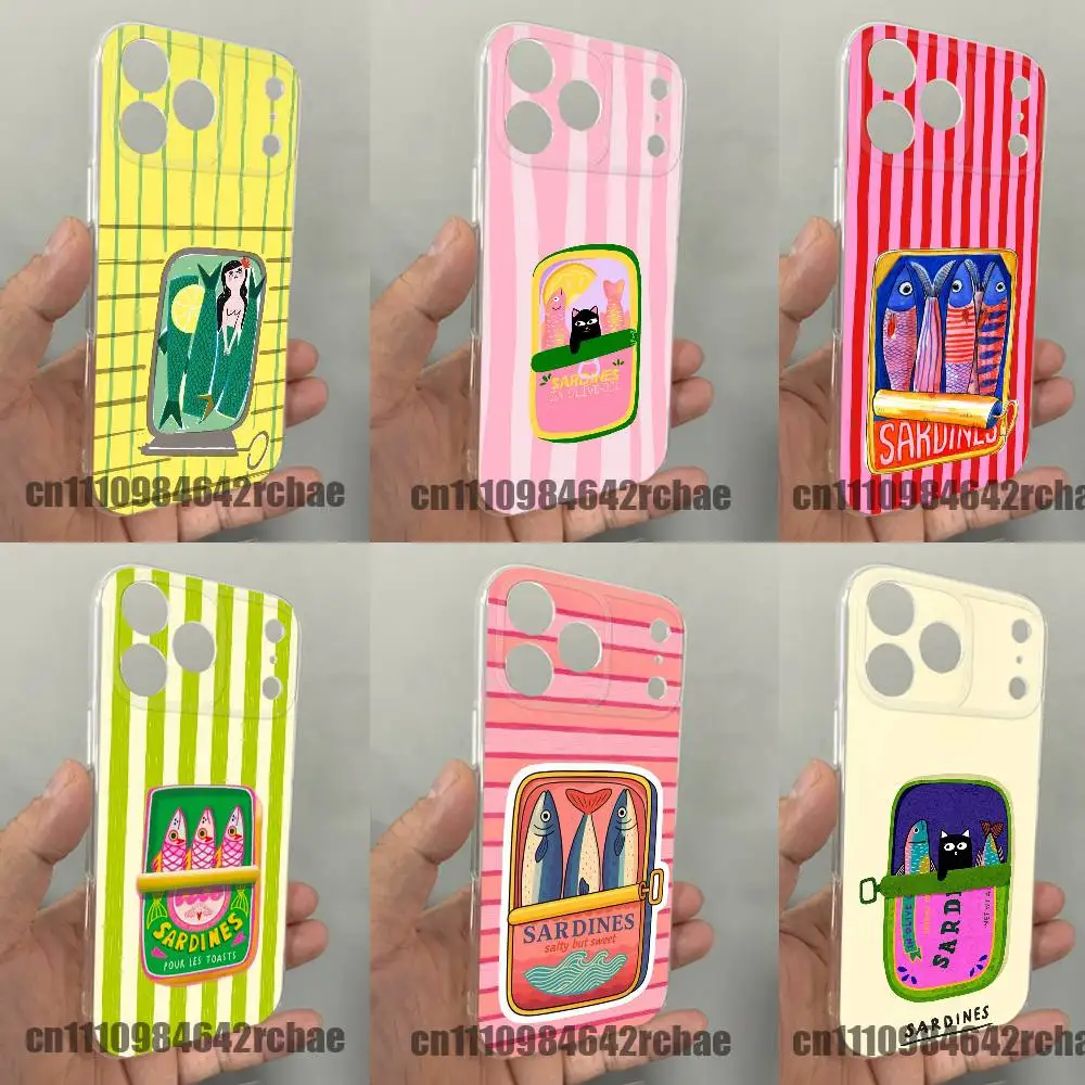 

For Stripe Cartoon Sardines Fish Phone Case iPhone 15,16,11,14,13,17,12,Air,Mini,Pro,Max,Plus,E DIY Clear Silicone Shell