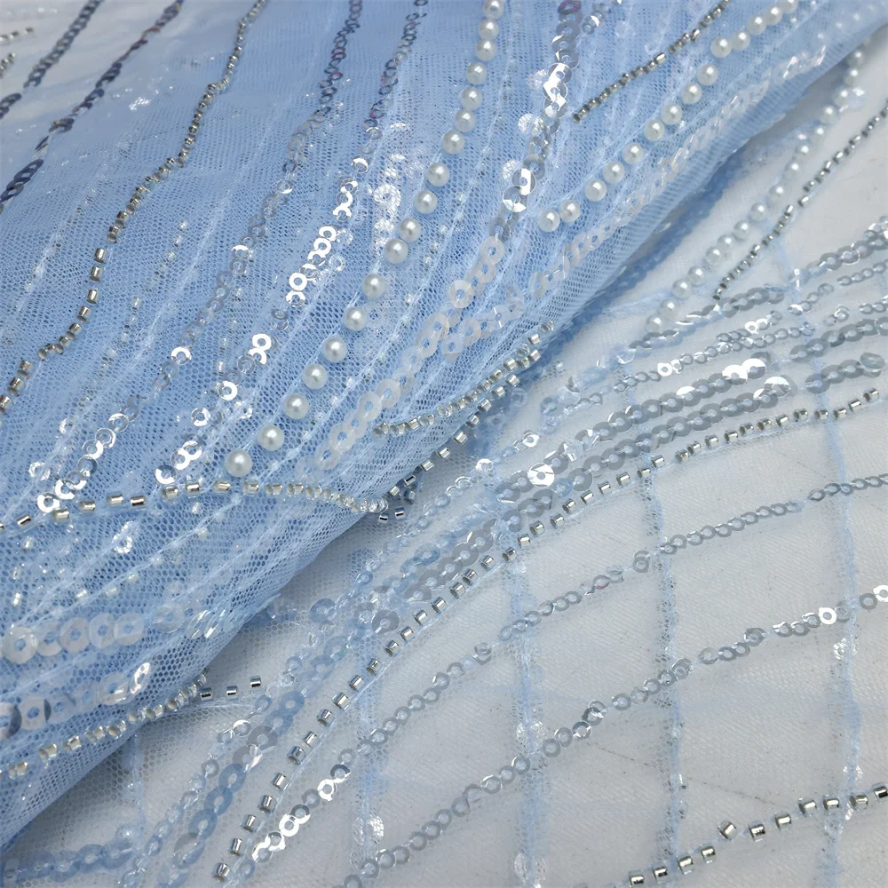 High-End Handmade Beaded Lace Fabric  Embroidery French Lace Wedding Dress Embroidered Aqua Tulle Fabric