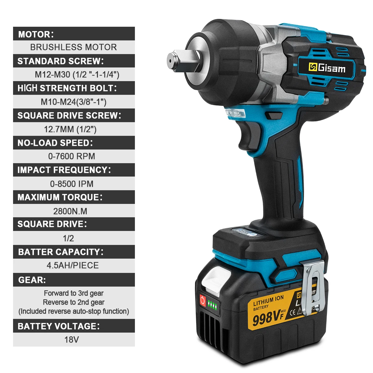 Gisam 2800N.M 토크 브러시리스 전기 임팩트 렌치 Makita 18V 배터리 핀용 1/2 인치 스크루 드라이버 무선 렌치 전동 공구