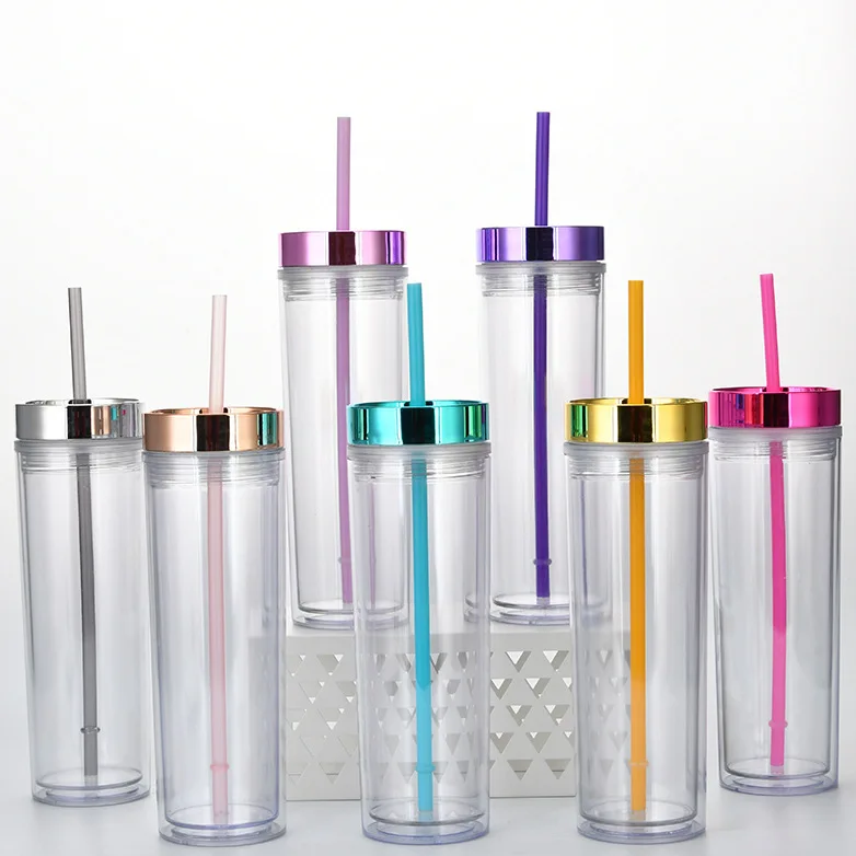 double wall 473ml 480ml 500ml 16oz transparent clear plastic skinny tumbler skinny cup with plating lid straw