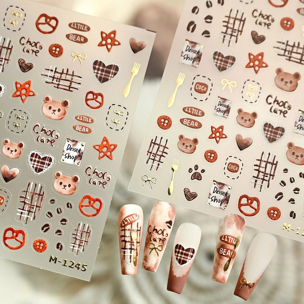

Gold Stamped Fork Bowknot Coffee Bean Cute Bear Love Star Cookies 3D Self Adhesive Nail Art Sticker Cake Dessert Manicure Decals