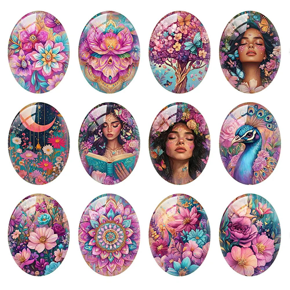 

Random Mixed Round/Oval/Square Pink Flower Moon Girl Purple Photo Glass Cabochon Flatback Demo Cameo For Diy Jewelry Making