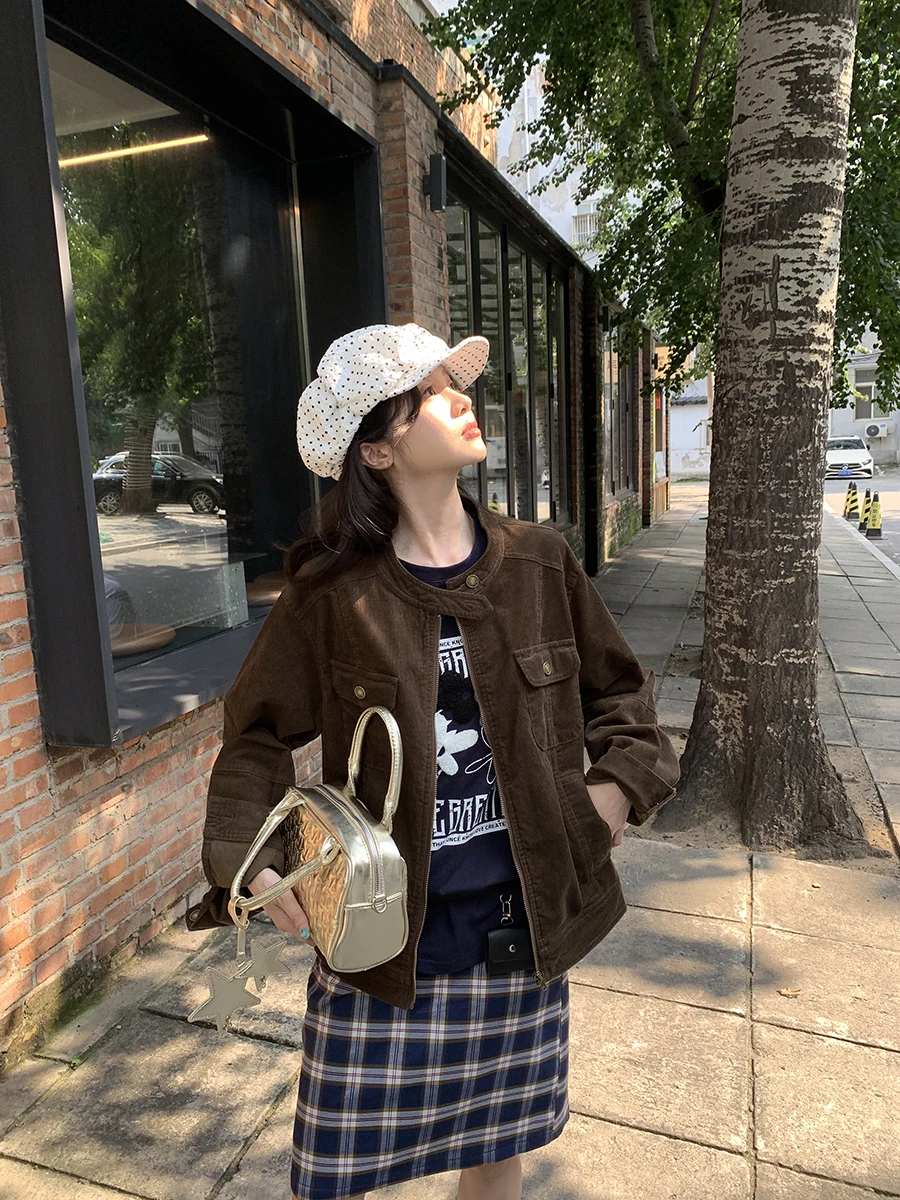 Giacca Sportiva da Moto Sinbounboun per Donna, Marrone, Capospalla Stratificato, Stile Americano, Vestibilità Ampia, in Poliestere