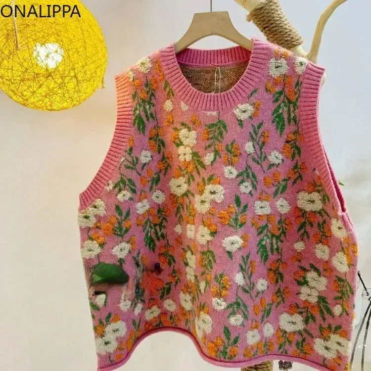 Onalippa Sweet Three Dimensional Flowers Knitted Vest Women O Neck Contrast Sleeveless Pullover Korean Chic Loose Sweater Vests