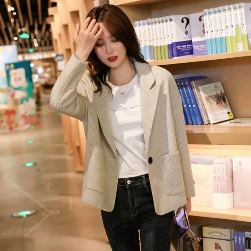 Short Woolen Plaid Coats Loose Casual Houndstooth Outerwear Female Office Lady Formal Clothing 2023 Korean Women Blazer Jackets