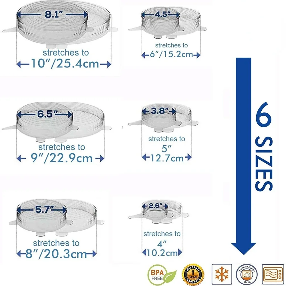 실리콘 스트레치 뚜껑, 재사용 가능한 기적 커버, 식품 보관용 실리콘 그릇 커버, 전자 레인지, 오븐 및 식기 세척기 안전, 6 개