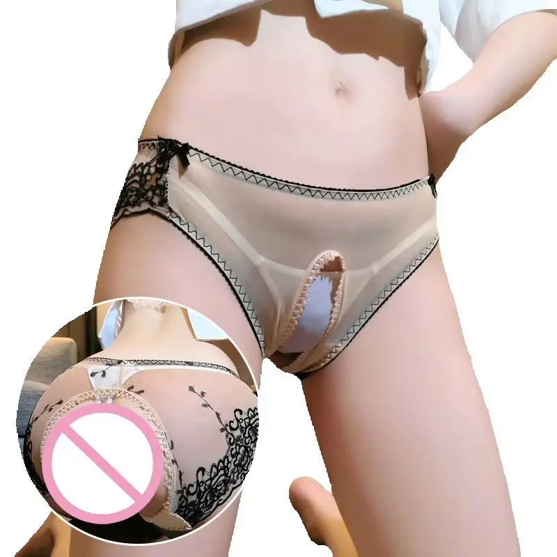 Man Women Open Crotch Sexy Lace Briefs Panties with Open Crotch Decor Breathable See Through Intimate Unisex Sexy Lingerie