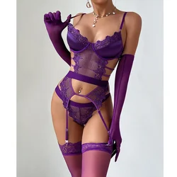 Sexy Purple grape lingerie silk splicing perspective bra set with gloves socks sexy set sexy costume  body suit  lace bodysuit