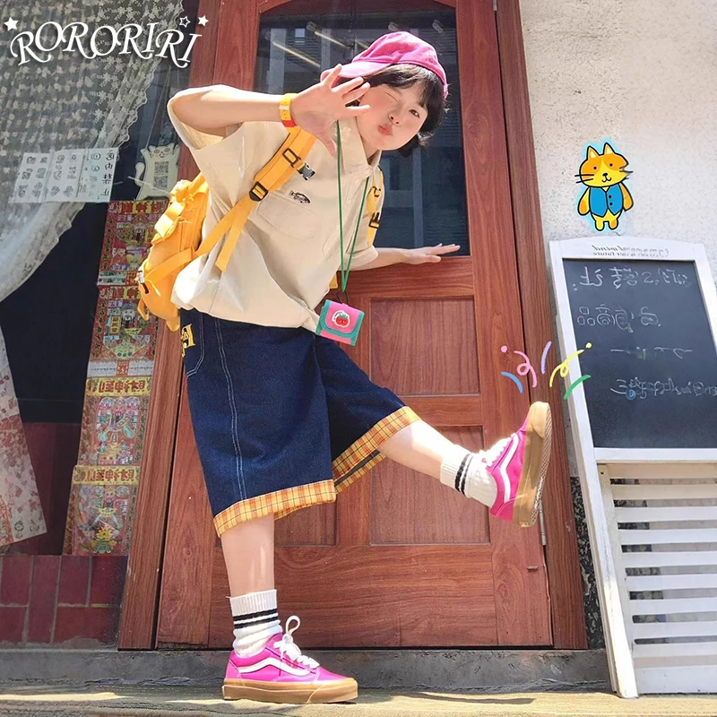 

RORORIRI Желтые мешковатые джинсы в клетку в стиле пэчворк Шорты длиной до икры Y2K Джинсовые брюки с силуэтом Свободный крой Свободные широкие брюки-карго