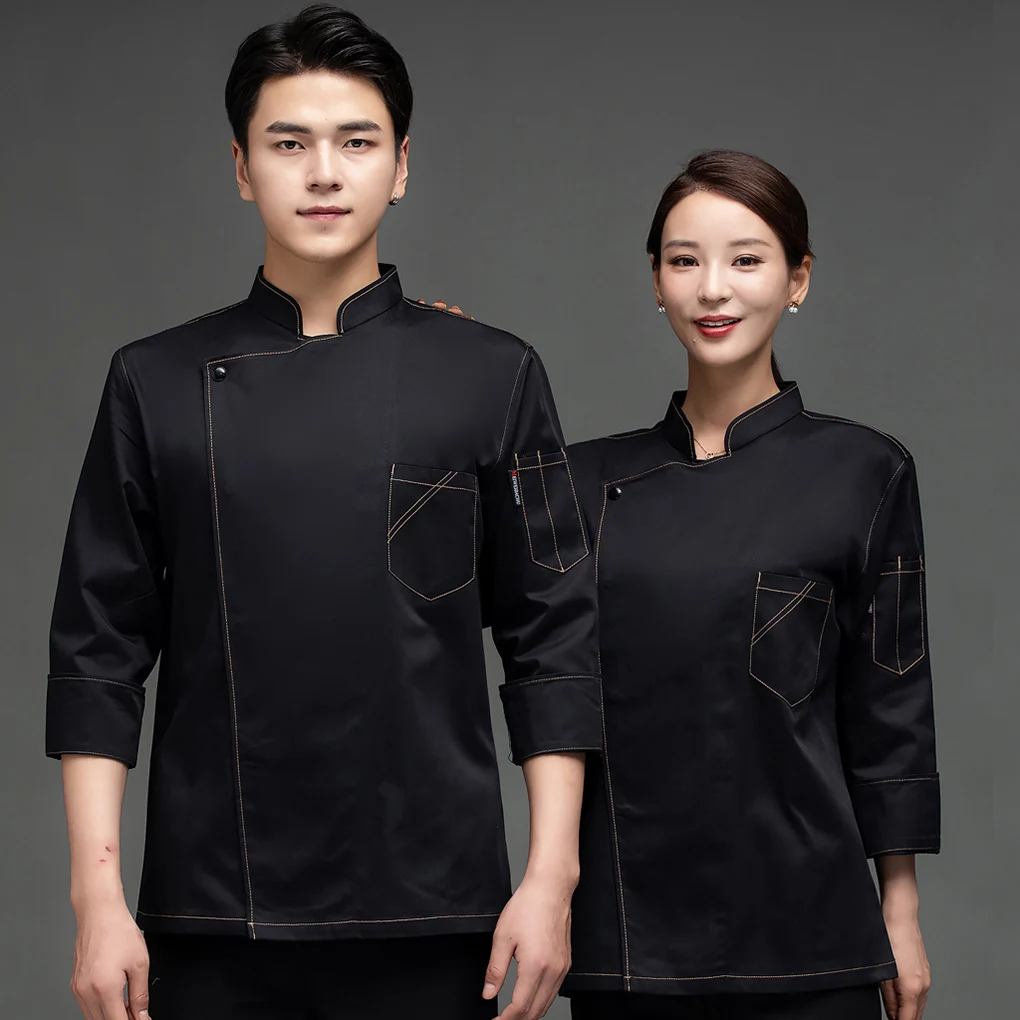 Chef Uniform Polyester Warm Chef Coat with Front Pockets Oblique Collar Suits for Men Catering for Coffee Bar Black 3XL