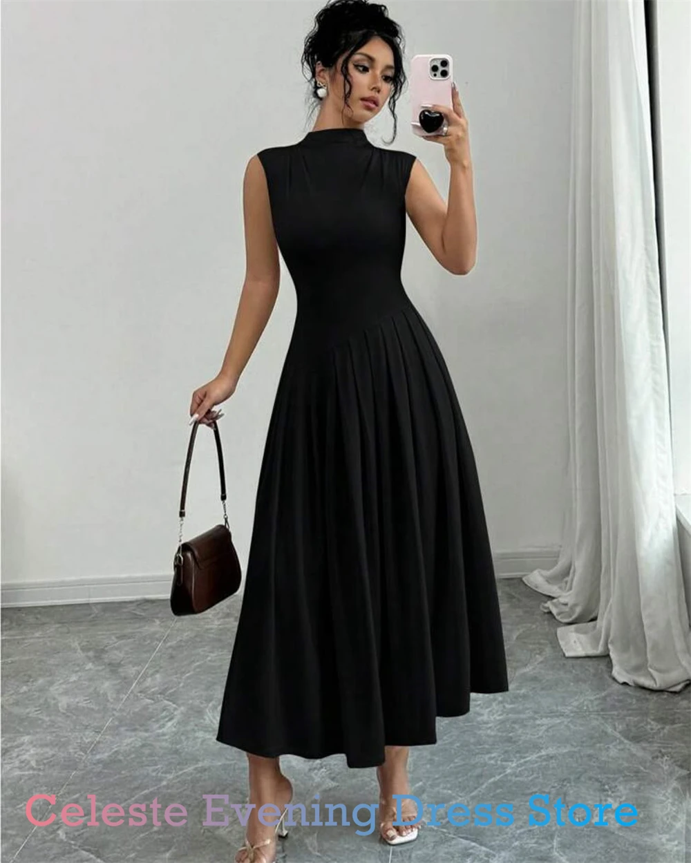 Vestido de noche de Jersey azul Simple personalizado, vestidos elegantes de cuello alto sin mangas para fiesta de bienvenida, vestidos clásicos para ocasiones especiales