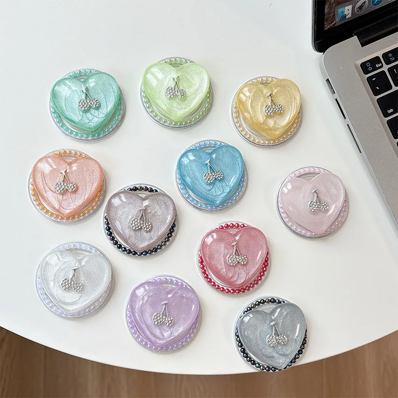 

ins Solid Cherry Love Heart Pearl Border Magnetic Holder Universal Smart Tok For iPhone Grip Tok Foldable Deak Stand For Magsafe