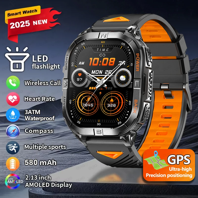 

2025 New GPS Ultra-High Precision Positioning Smart Watch LED Flashlight Altimeter Compass 3ATM Waterproof BT Call Smart Watch